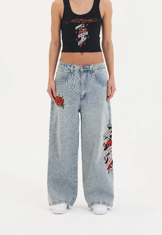 Womens Death Before Dishonour Xtra Oversized Denim Trousers Jeans - Blue